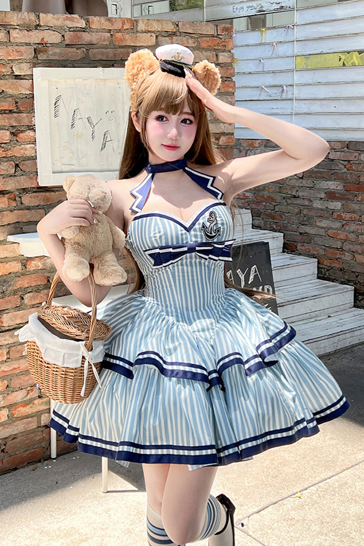 Blue [Sailing Sweetheart] Double-Layered Vertical Stripes Print Ruffle Bowknot Sweet Lolita Dress - Product - 15