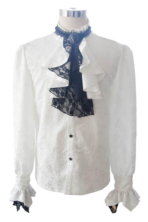 White Shining Rose Print Lace Cuff Mens Gothic Blouse - Product - 4