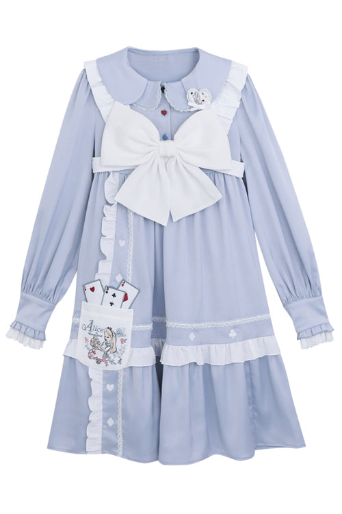 Blue Doll Collar Single Breasted Princess Sleeves High Waist Magic Playing Cards Sweet Lolita OP Dress - Product - 8