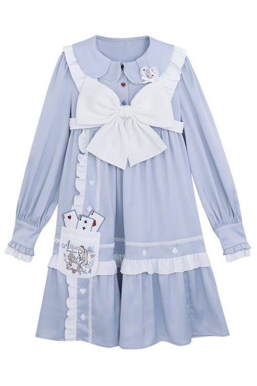 Blue Doll Collar Single Breasted Princess Sleeves High Waist Magic Playing Cards Sweet Lolita OP Dress - Product - 8