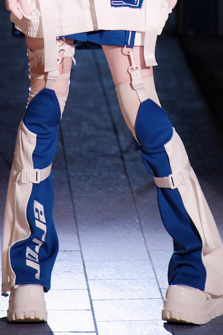 White/Blue [Zero-Type Transformation] Techwear Long Sleeves Embroidered Hooded Punk Jirai Kei Shorts Coat Set - Leg-Warmers - 14