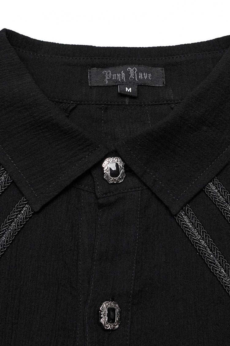 Black Lapel Collar Long Sleeves Metal Buttons Webbing Decoration Mens Gothic Blouse - Product - 7