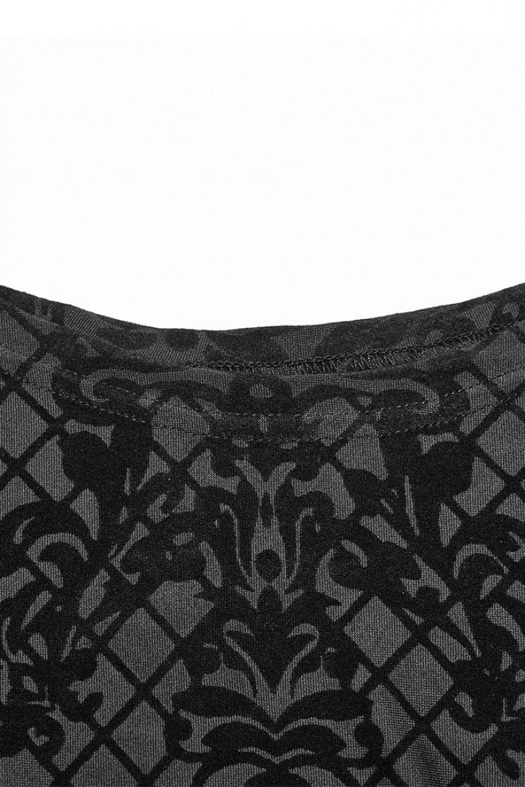Black High Collar Long Sleeves Flocking Print Mens Gothic T-Shirt - Product - 7
