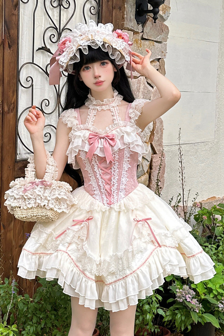 White/Pink Secret Garden Multi-layer Ruffle Bowknot Lace-Up Sweet Princess Lolita Jsk Dress - Product - 3