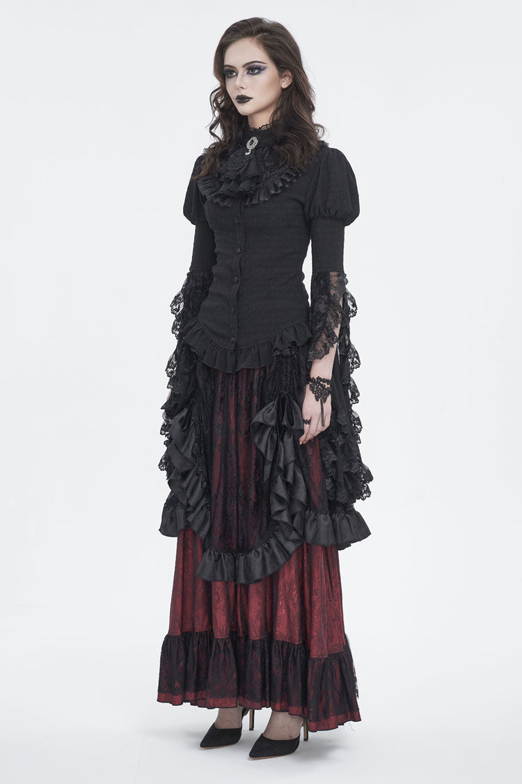 Black Stand Collar Trumpet Sleeves Ruffle Embroidery Lace Women's Gothic Blouse - Product - 3