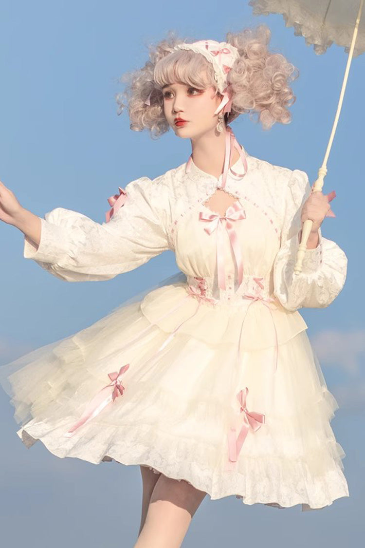 [Love Song] Long Sleeves Multi-Layered Jacquard Ruffle Bowknot Sweet Gothic Lolita Dress 3 Colors - Product - 6