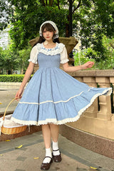 Blue Print Ruffle Stitching Lace Sweet Lolita Strap Dress Set - Blue - 1