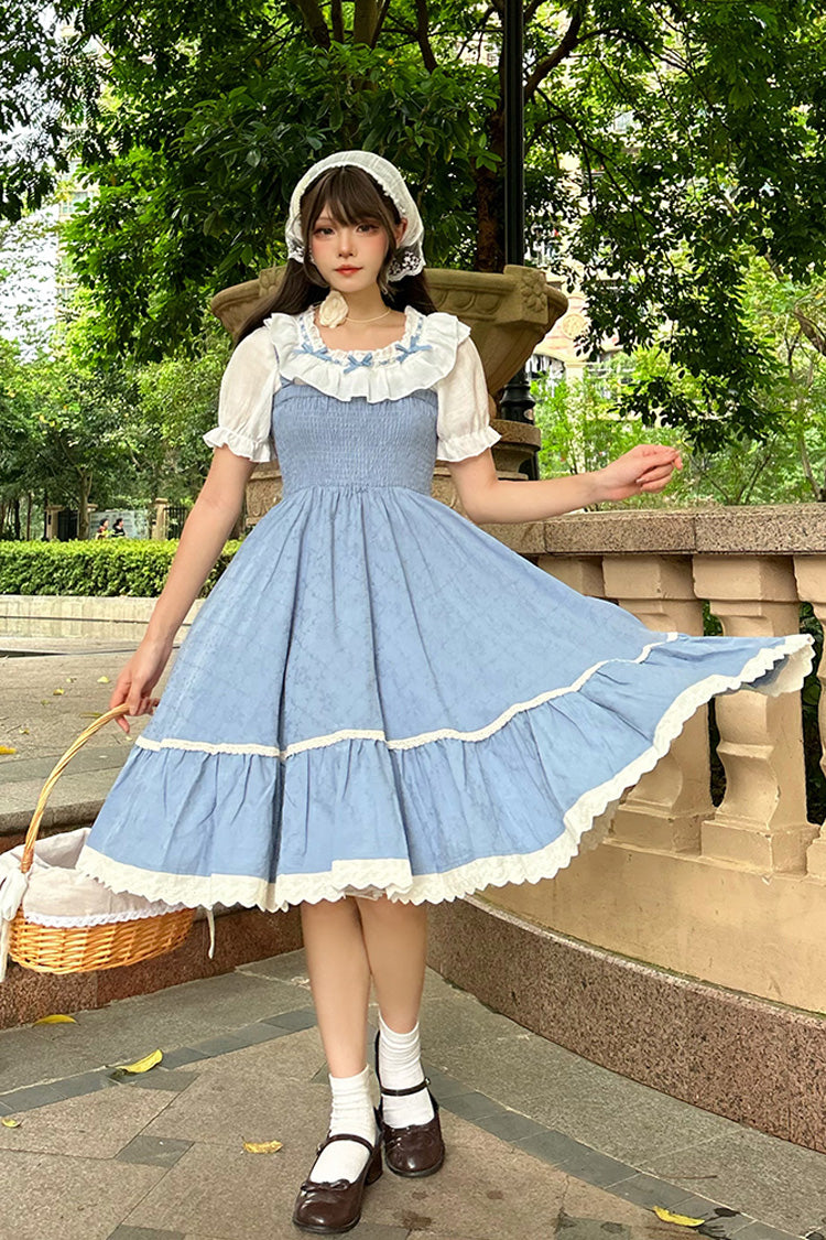 Blue Print Ruffle Stitching Lace Sweet Lolita Strap Dress Set - Blue - 1