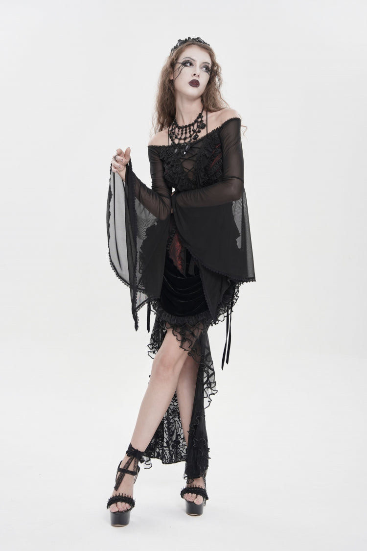 Black/Red Off Shoulder Long Trumpet Sleeves Ruffled Embroidered Lace-Up Women's Gothic Blouse - Product - 10
