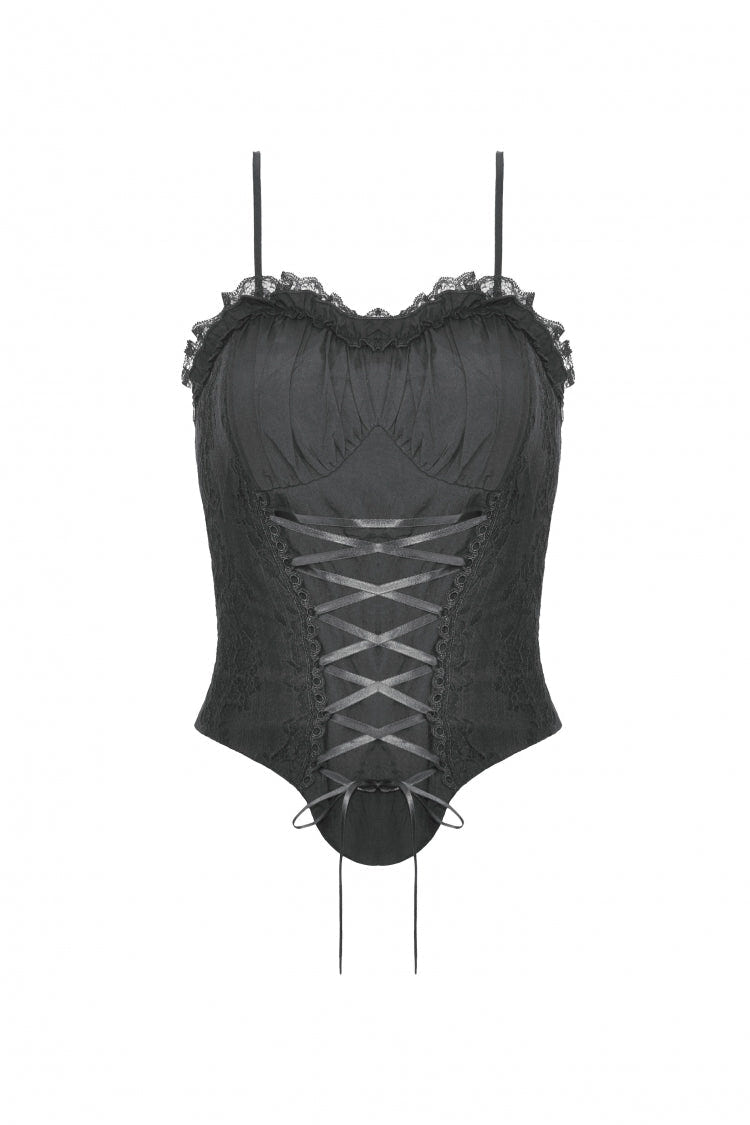 Black Ruffled Lace Splice Lace-Up Women's Gothic Overbust Corset - Product - 3