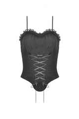 Black Ruffled Lace Splice Lace-Up Women's Gothic Overbust Corset - Product - 3