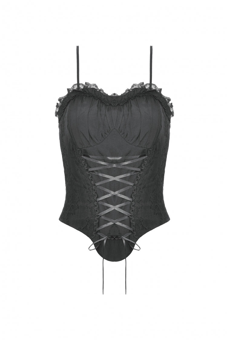 Black Ruffled Lace Splice Lace-Up Women's Gothic Overbust Corset - Product - 3