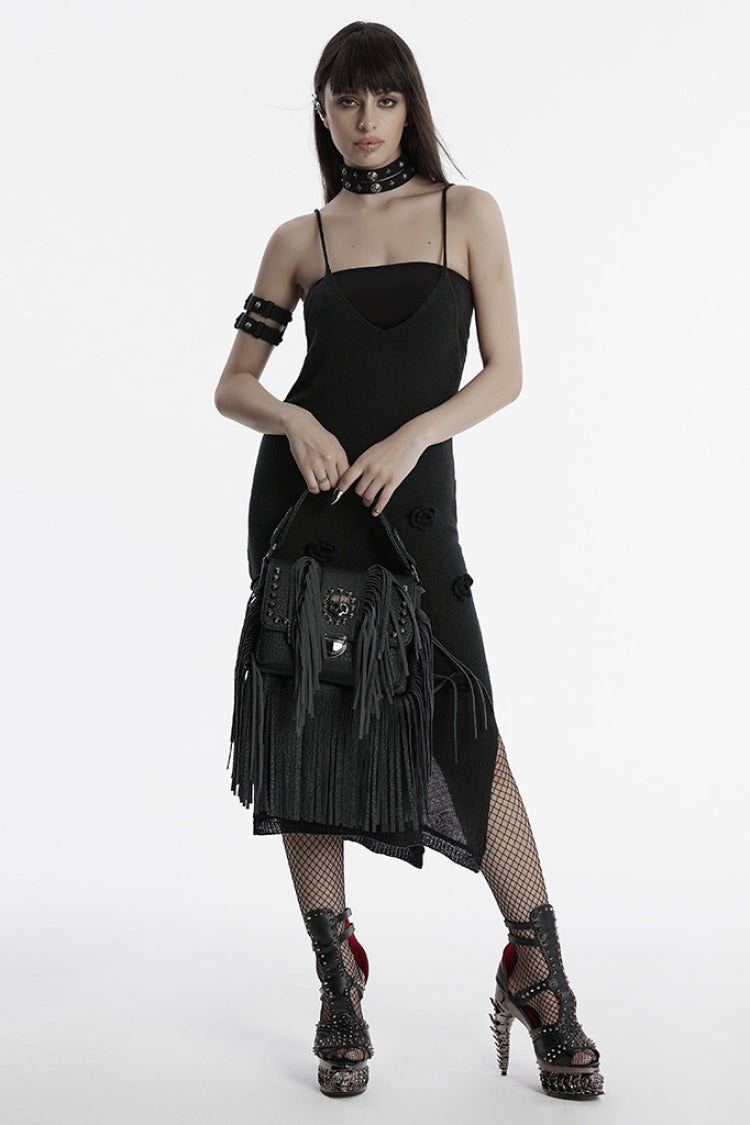 Black Studded Tassels Rivet Straps Faux Leather Women's Gothic Bag - Product - 5