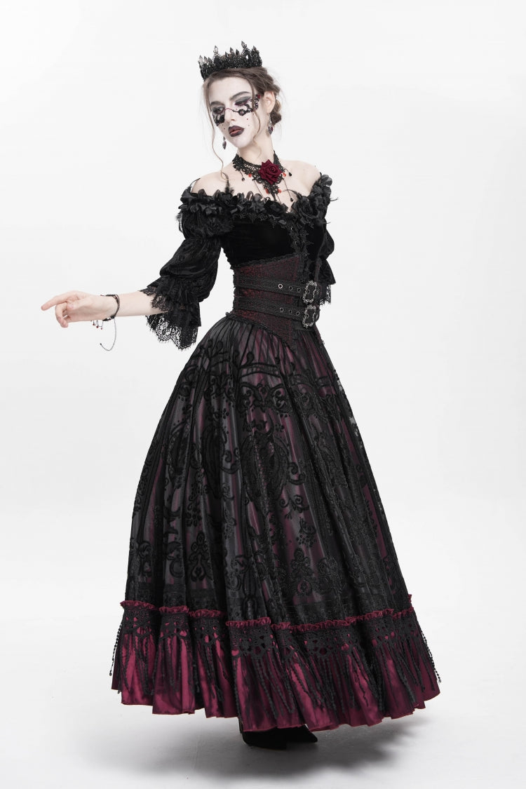 Red Jacquard Embroidery Buckle Tassels Women's Gothic Long Skirt - Product - 8