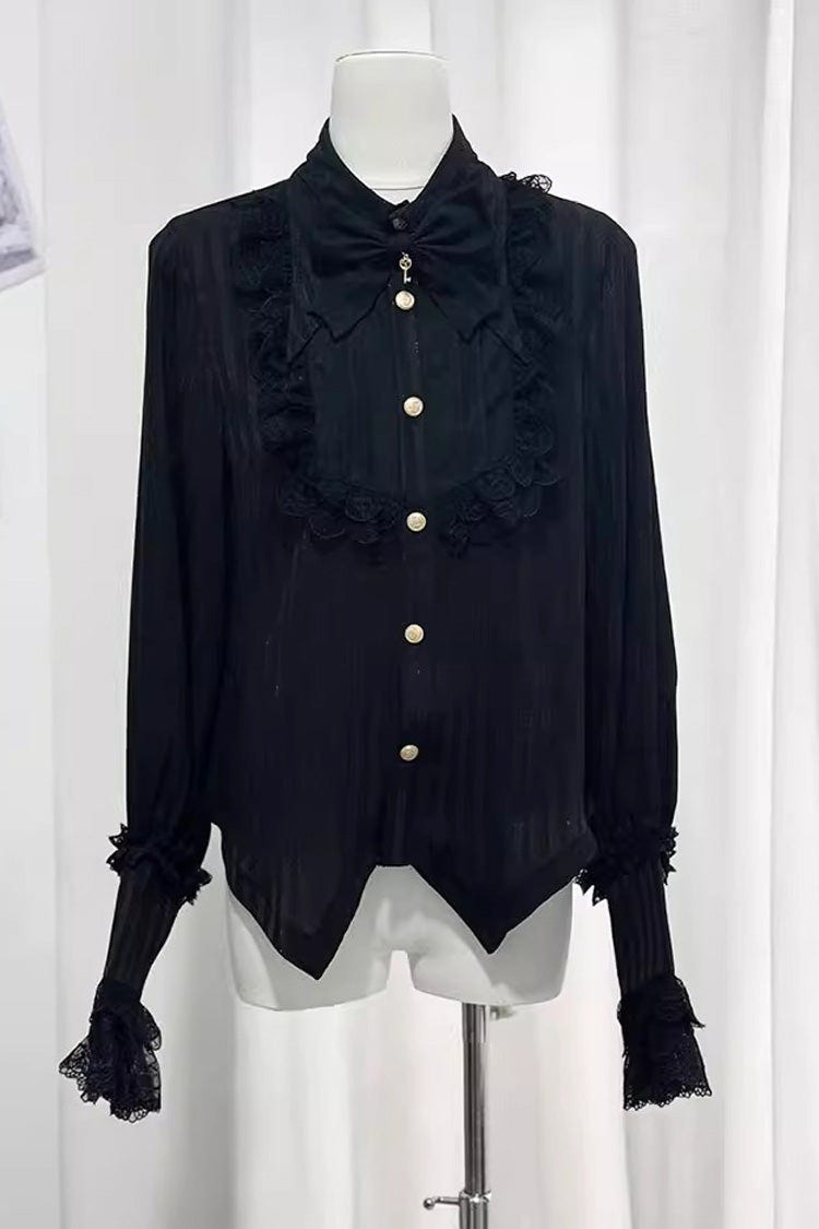 Black [Eternal City] Long Sleeves Lace Gothic Prince Medieval Ouji Lolita Blouse Knee-Length Shorts Set - Product - 12