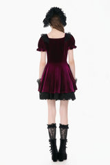 Wine Red Square Collar Short Puff Sleeves Velvet Patchwork Lace Lace-Up Women's Gothic Dress - Product - 4