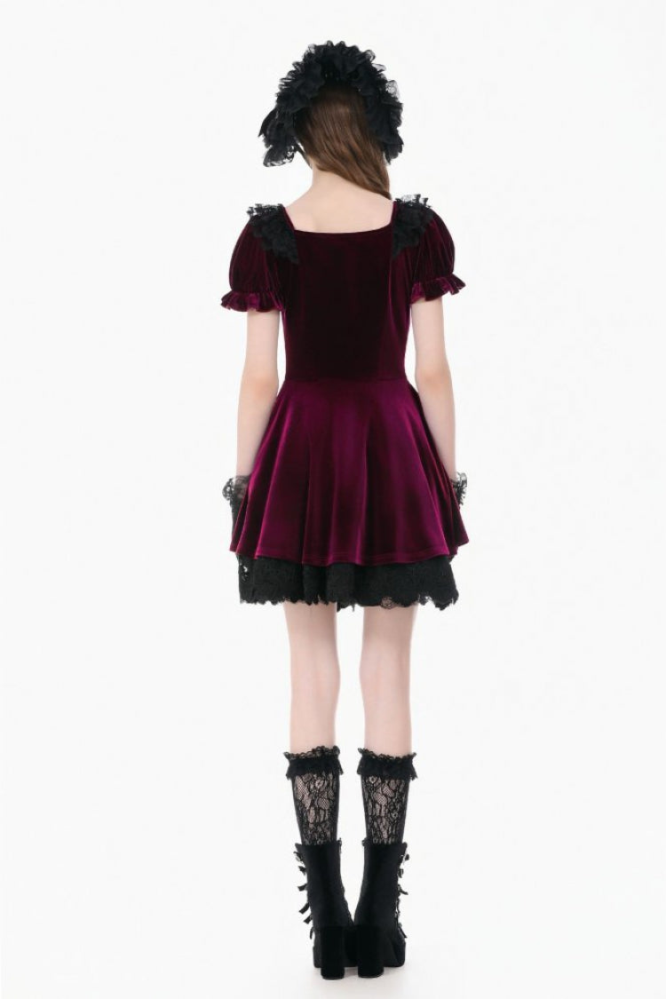 Wine Red Square Collar Short Puff Sleeves Velvet Patchwork Lace Lace-Up Women's Gothic Dress - Product - 4