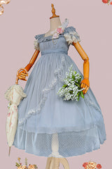 Sax Blue [Moon goddess *Mediana*] Polka Dot Print Ruffle Bowknot Asymmetric Sweet Elegant Lolita Dress - Product - 3