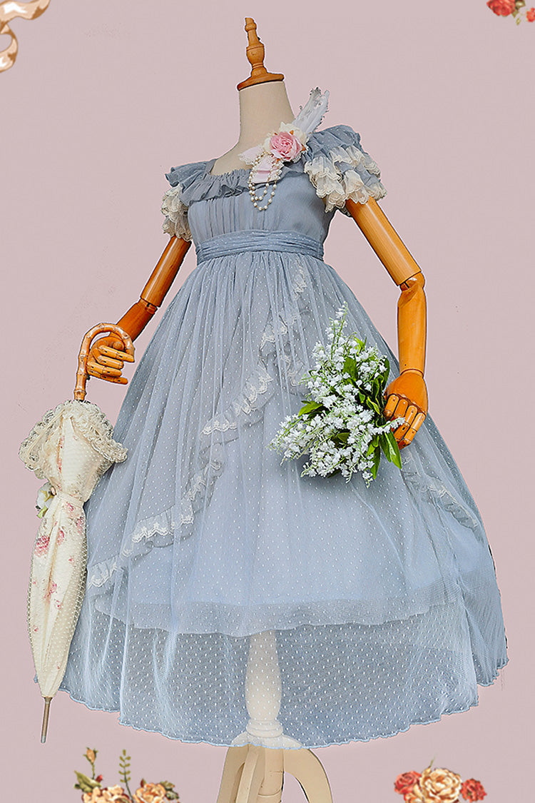 Sax Blue [Moon goddess *Mediana*] Polka Dot Print Ruffle Bowknot Asymmetric Sweet Elegant Lolita Dress - Product - 2