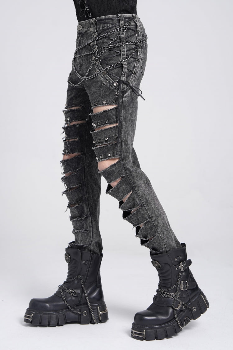 Black Ripped Rivet Men's Punk Pants with Chain - Product - 2