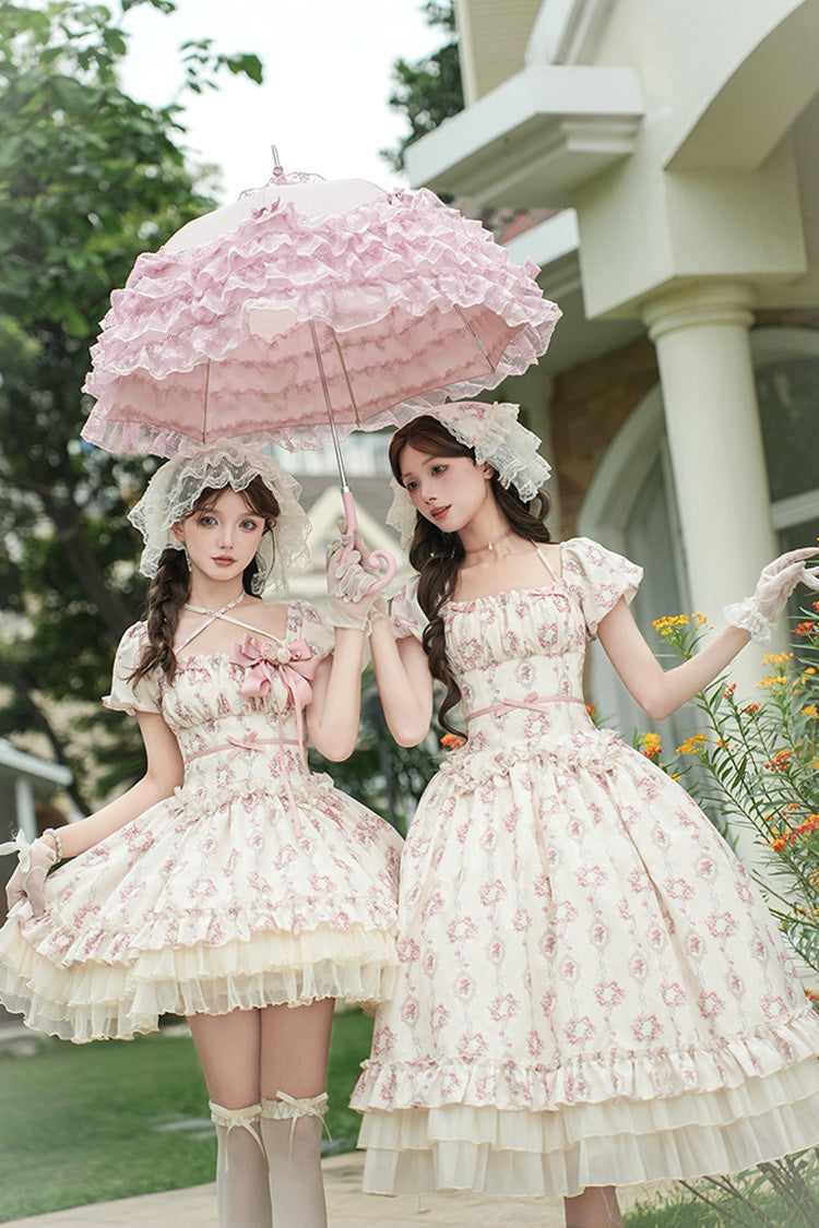 Ivory [Rose After The Rain] Short Sleeves Triple-Layered Print Ruffle Bowknot Lace-Up Sweet Lolita Long Dress - Product - 9