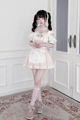 Jirai Kei Square Collar Off Shoulder Short Sleeves Printed Bow Sweet Maid Skirt Set 2 Colors - Product - 5