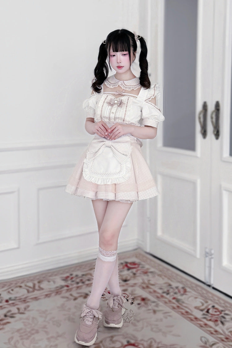 Jirai Kei Square Collar Off Shoulder Short Sleeves Printed Bow Sweet Maid Skirt Set 2 Colors - Product - 5