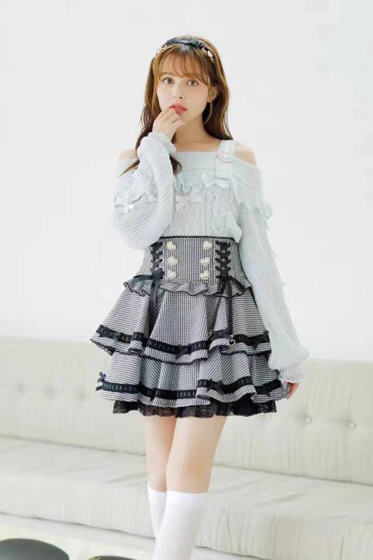 Sweet Jirai Kei High Waisted Triple-Layered Print Ruffle Bowknot Lace-Up Japanese Strap Dress 3 Colors - Product - 4