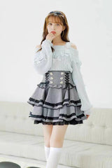 Sweet Jirai Kei High Waisted Triple-Layered Print Ruffle Bowknot Lace-Up Japanese Strap Dress 3 Colors - Product - 4