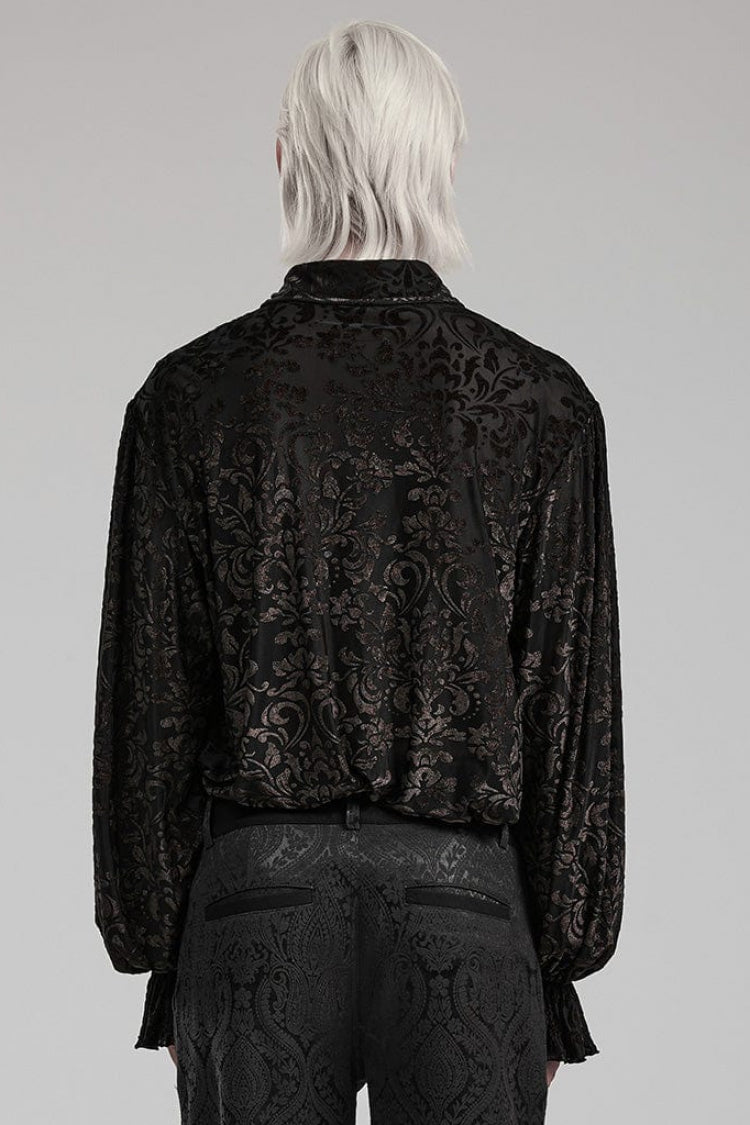 Black Lapel Collar Long Trumpet Sleeves Bronzing Pattern Print Mens Gothic Gorgeous Blouse - Product - 3