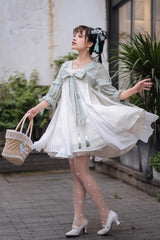 White/Green Half Sleeves Ruffled Bow Sweet Chinese Style Lolita Hanfu Dress - Product - 5