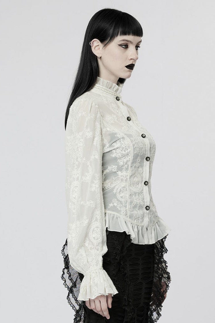Stand Collar Long Puff Sleeves Embroidery Womens Gothic Blouse 2 Colors - Product - 6