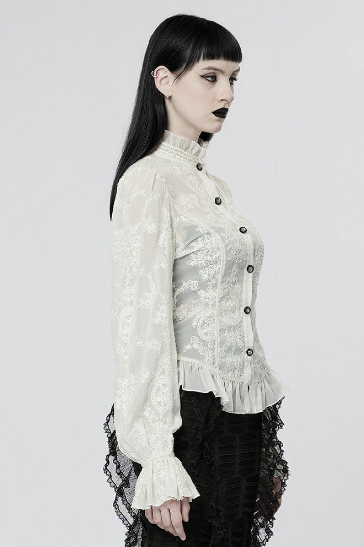 Stand Collar Long Puff Sleeves Embroidery Womens Gothic Blouse 2 Colors - Product - 6