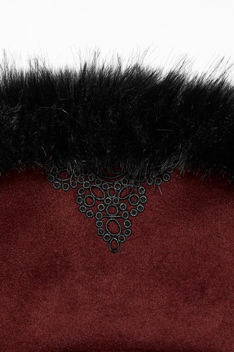 Red Long Sleeves Faux Fur Stitching Lace-Up Detachable Women's Gothic Coat - Product - 5