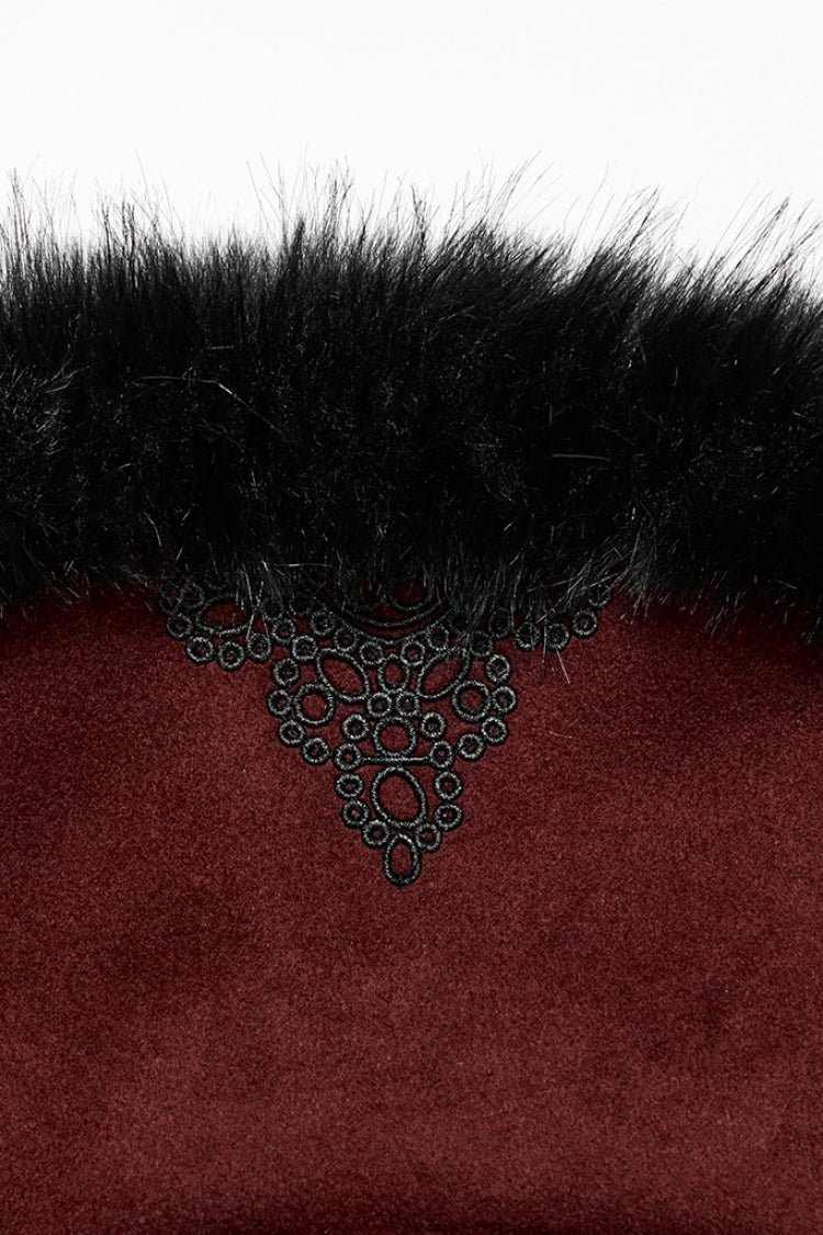 Red Long Sleeves Faux Fur Stitching Lace-Up Detachable Women's Gothic Coat - Product - 5