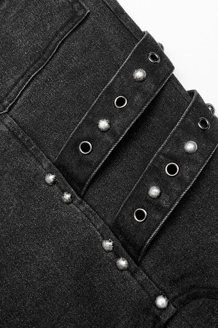 Black Skull Buckles Stitching Metal Nails Men's Steampunk Pants - Product - 8