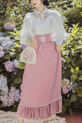 Pink Vintage Palace Style Ruffled Stripe Print High Waisted Classic Lolita Dress Skirt - Pink - 1