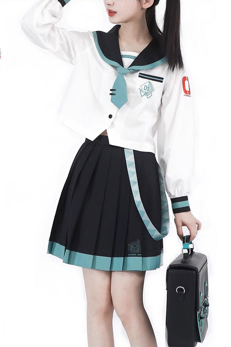 Black/White Long Sleeves College Style Sailor Japanese School Pleated Skirt - Black/White - 1