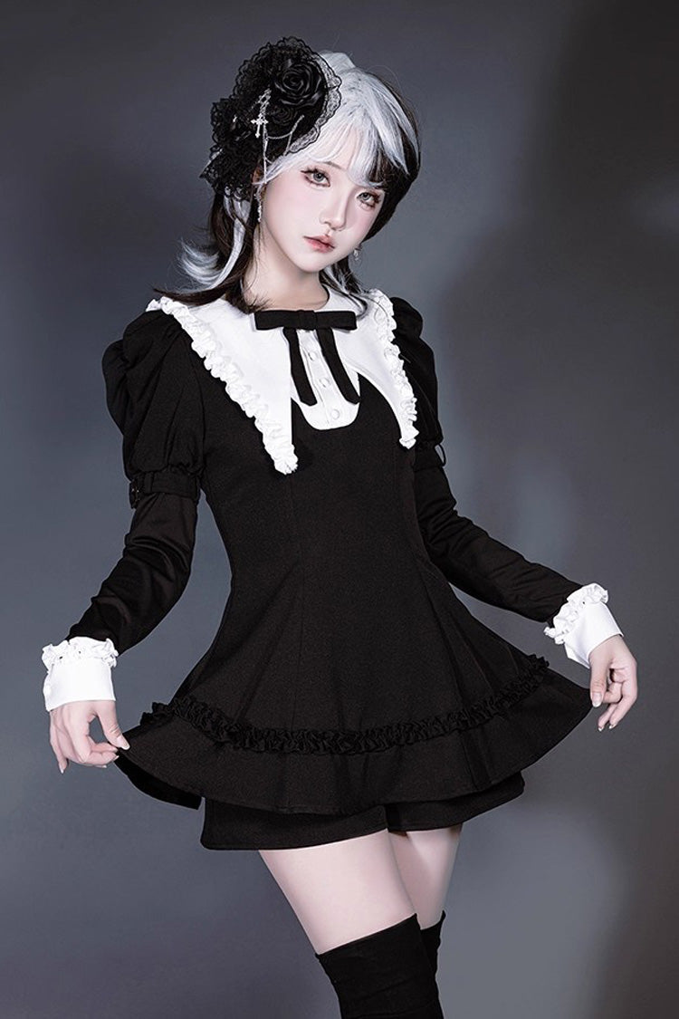 Black/White Long Sleeves Ruffle Bowknot Jirai Kei Japanese Witch Set - Product - 3