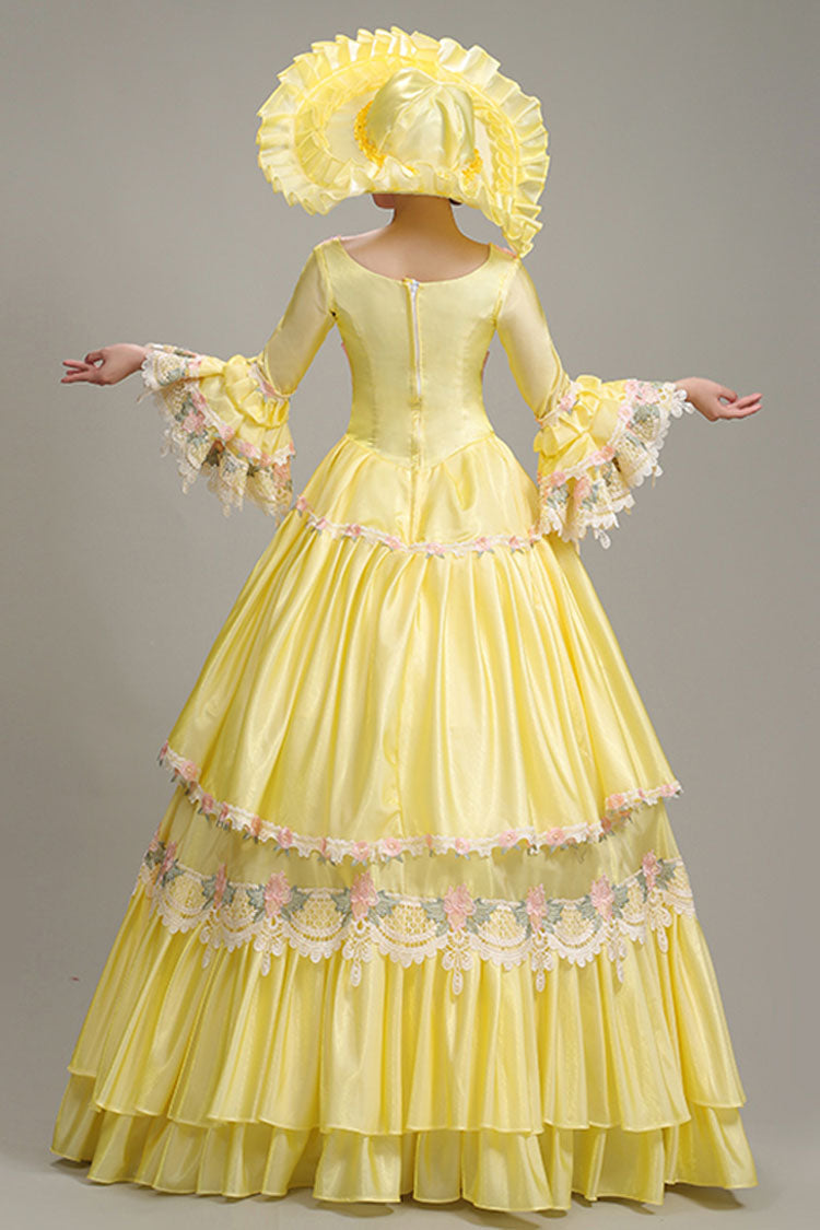Yellow Hime Sleeves High Waisted Lace Stitching Hollow Floral Print Ruffled Multi-Layer Victorian Lolita Prom Tiered Dress - Product - 4