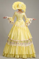 Yellow Hime Sleeves High Waisted Lace Stitching Hollow Floral Print Ruffled Multi-Layer Victorian Lolita Prom Tiered Dress - Product - 4