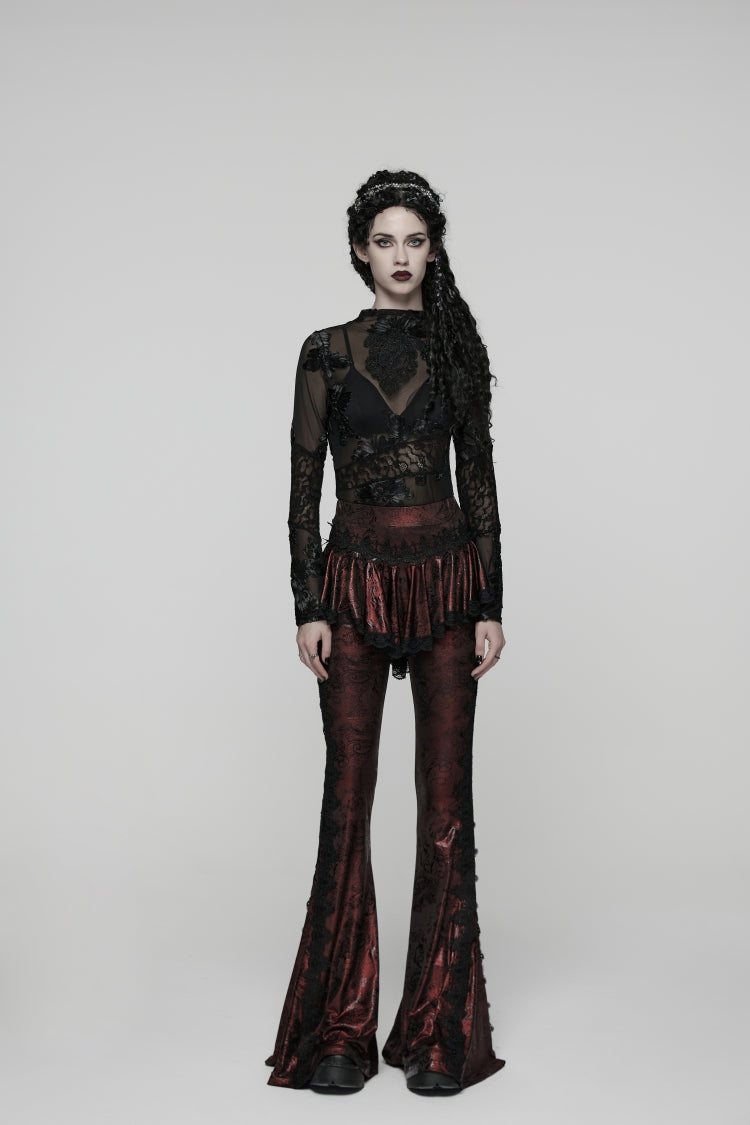 Red Printed Lace Slim Faux Two-Piece Women's Gothic Flared Pants - Product - 2