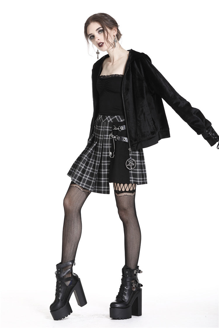 Black/White Irregular Plaid Pleated Women's Punk Hem Skirt - Product - 8