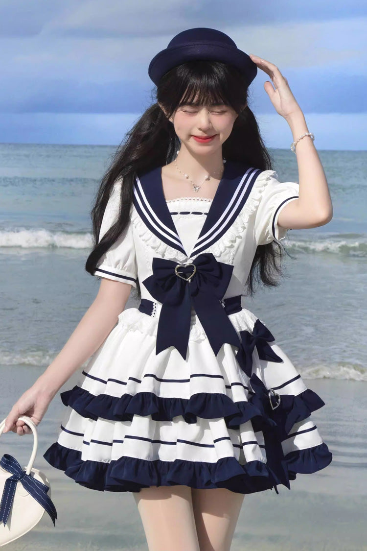 Dark Blue Navy Style Short Sleeves Double Layer Ruffle Bowknot Lace Sweet Lolita Dress - Product - 5