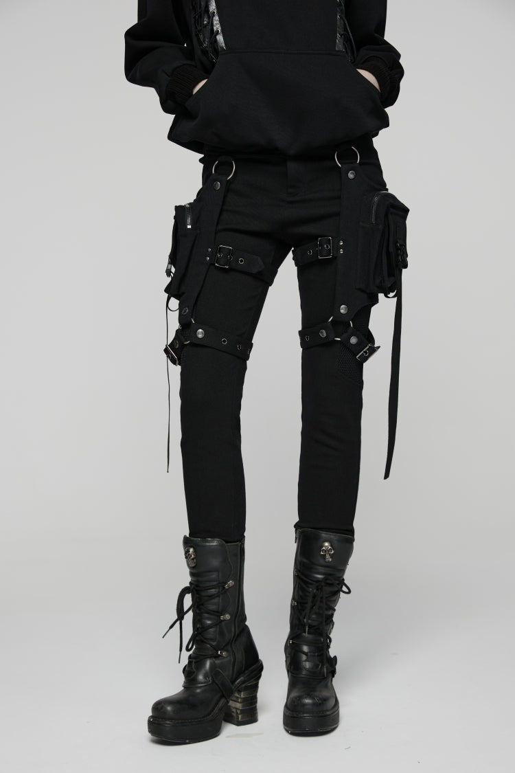 Black Patchwork Slim Fit Mesh Detachable Eyelet Women's Punk Military Cool Pants - Product - 6
