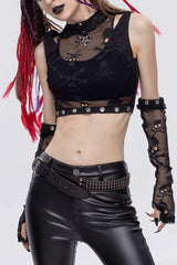 Black Gothic Cotton Knitted Fabric Fake Two-Piece Small Stand Up Collar Patchwork Skull Mesh Super Short Women's Vest - Black - 1