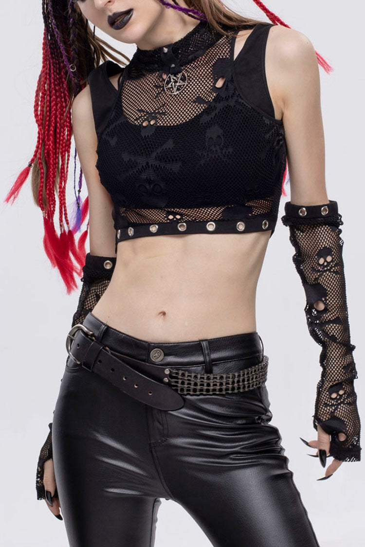 Black Gothic Cotton Knitted Fabric Fake Two-Piece Small Stand Up Collar Patchwork Skull Mesh Super Short Women's Vest - Black - 1
