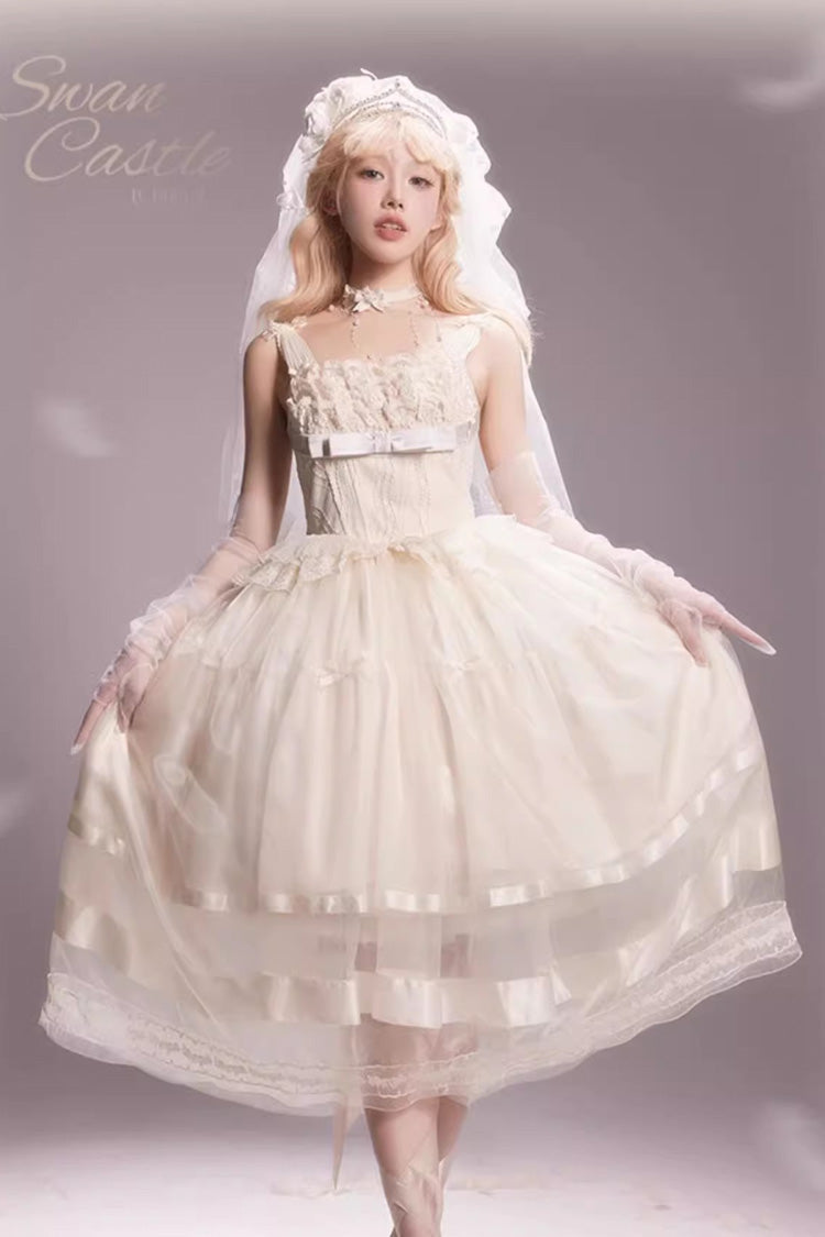 Ivory [Swan Castle] Ruffle Bowknot Lace Sweet Elegant Gorgeous Lolita Jsk Long Dress - Product - 3