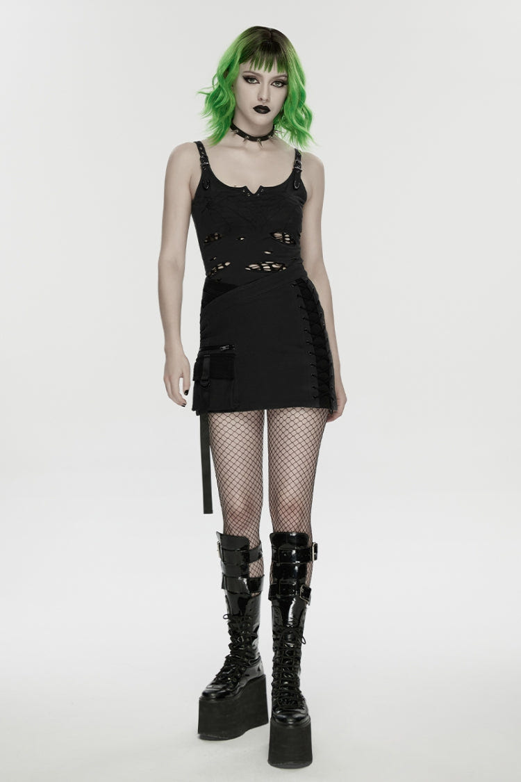 Black Lace-Up Slim Asymmetric Zippered Eyelet Women's Punk Handsome Skirt - Product - 8
