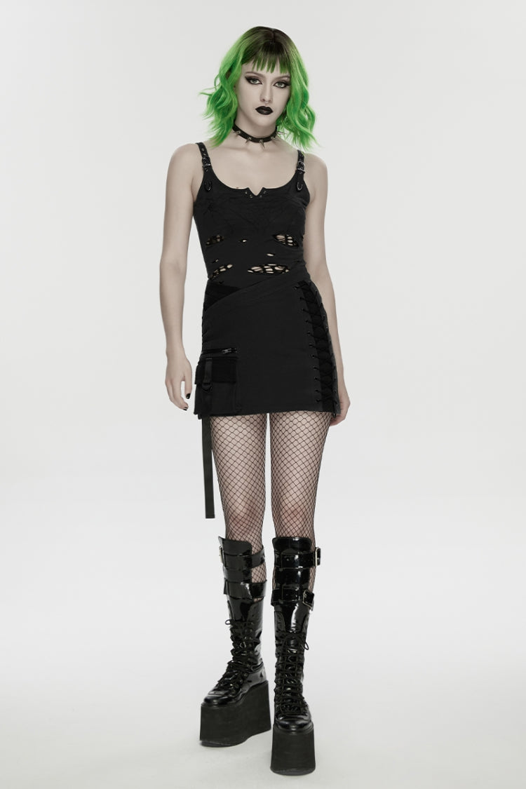 Black Lace-Up Slim Asymmetric Zippered Eyelet Women's Punk Handsome Skirt - Product - 8